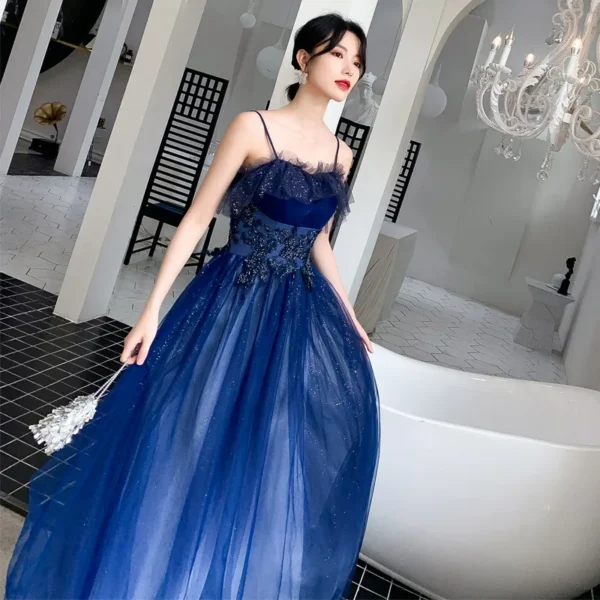 Royal Blue Prom Dress Sequins Spaghetti Straps Long Evening Gown - Image 5