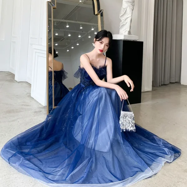 Royal Blue Prom Dress Sequins Spaghetti Straps Long Evening Gown