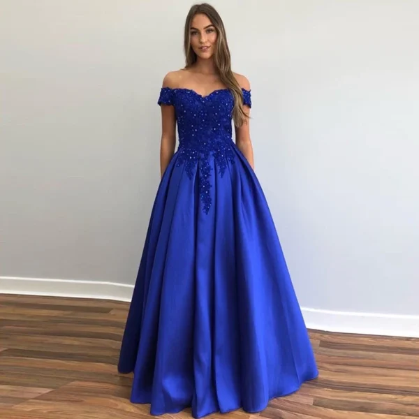 Royal Blue Prom Dress Off Shoulder A-line Beaded Satin Gown - Image 6