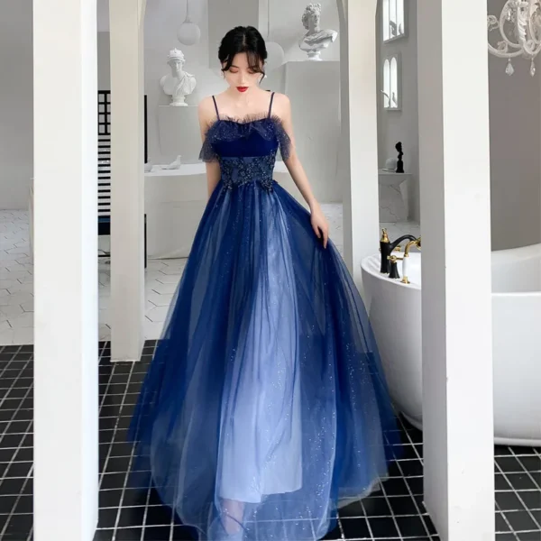 Royal Blue Prom Dress Sequins Spaghetti Straps Long Evening Gown - Image 4